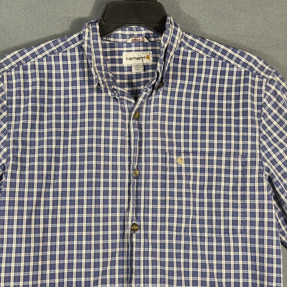 Carhartt Button Down Men M Blue Plaid Relaxed Fit Short Sleeve Cotton Work Shirt - Picture 2 of 10